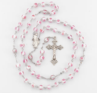 8mm Pink Rose Embedded Glass Beads with Double Capped "Our Father" Beads