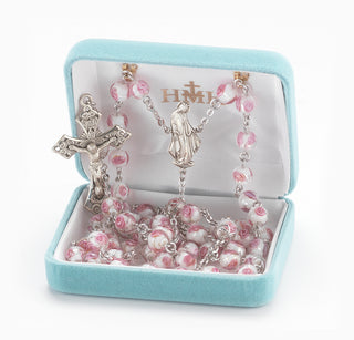 8mm Pink Rose Embedded Glass Beads with Double Capped "Our Father" Beads