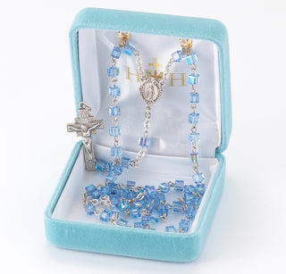 Aqua Finest Austrian Crystal Cube Shape Rosary - Engravable