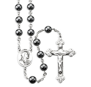 Round Genuine Hematite Rosary Sterling Crucifix and Centerpiece