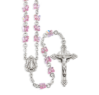 Light Rose Finest Austrian Crystal Butterfly Rosary Engravable