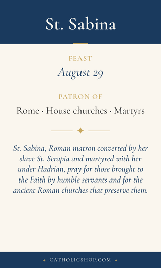 Saint Sabina holy card  with feast day, patronage, and prayer