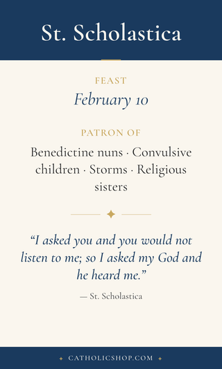 Saint Scholastica holy card  with feast day, patronage, and prayer