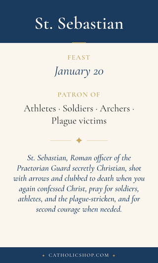 Saint Sebastian holy card  with feast day, patronage, and prayer