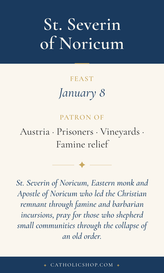 Saint Severin of Noricum holy card  with feast day, patronage, and prayer