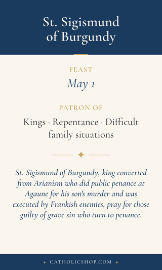 Saint Sigismund of Burgundy holy card  with feast day, patronage, and prayer