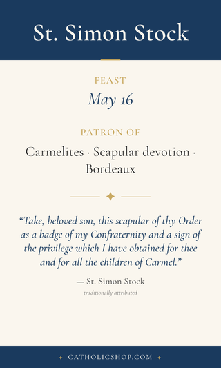 Saint Simon Stock holy card  with feast day, patronage, and prayer