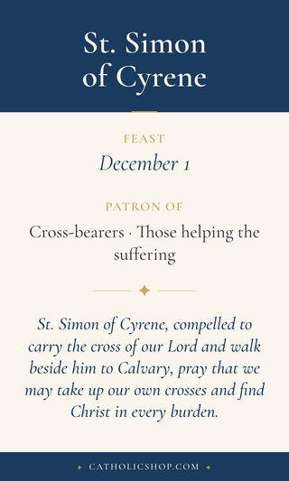 Saint Simon of Cyrene holy card  with feast day, patronage, and prayer