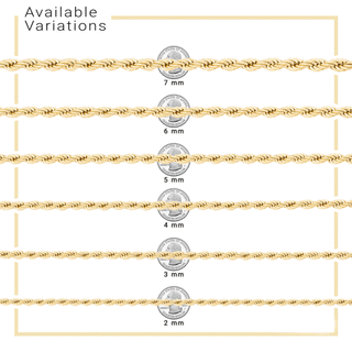14K Gold Plated Rope Chain Twisted Link Necklace for Men 18" 20" 24" 30" Length | 2 mm - 7 mm Width