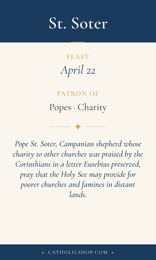 Saint Soter holy card  with feast day, patronage, and prayer