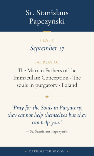 Saint Stanislaus Papczyński holy card  with feast day, patronage, and prayer
