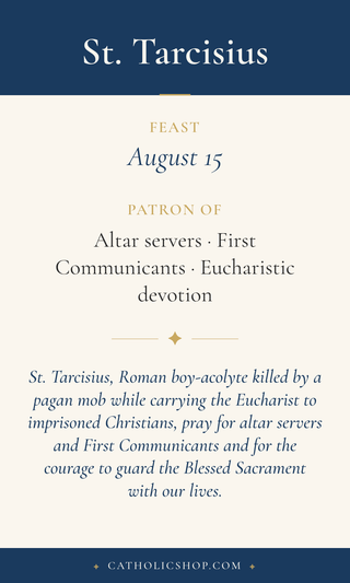 Saint Tarcisius holy card  with feast day, patronage, and prayer