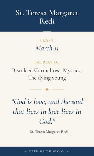 Saint Teresa Margaret Redi holy card  with feast day, patronage, and prayer