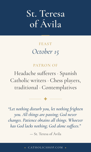 Saint Teresa of Ávila holy card  with feast day, patronage, and prayer