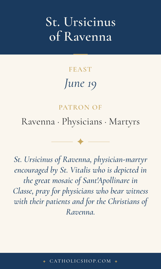 Saint Ursicinus of Ravenna holy card  with feast day, patronage, and prayer