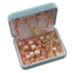 8mm Light Rose Cats Eye Glass Double Capped Beads with Solid Brass Crucifix and Center