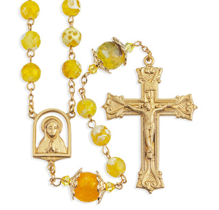 8mm Yellow and White Onyx Gemstone Bead Rosary with Double Capped O.F. Beads a Solid Brass Crucifix and Center