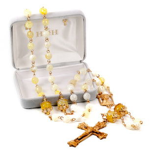 8mm Yellow and White Onyx Gemstone Bead Rosary with Double Capped O.F. Beads a Solid Brass Crucifix and Center