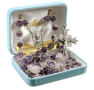 8mm Light Amethyst Gemstone Bead Rosary with Genuine Pewter Crucifix and Centerpiece