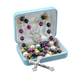 8mm Multi-Colored Dyed Tiger Eye Gemstone Bead Rosary made with Genuine Pewter Crucifix and Centerpiece
