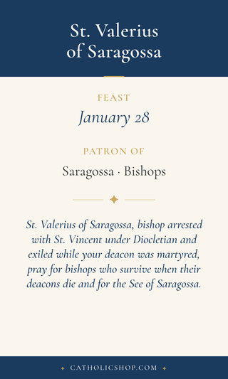 Saint Valerius of Saragossa holy card  with feast day, patronage, and prayer