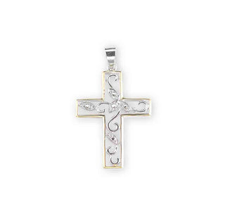 Sterling Silver Cubic Zircon Tutone Vine Cross with 18-inch Rhodium Plated Chain