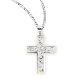 Sterling Silver Cubic Zircon Tutone Vine Cross With 18 Inch Rhodium Plated Chain