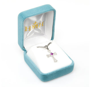 Sterling Silver Cubic Zircon and Fucshia Cross with 18-inch Rhodium Plated Chain