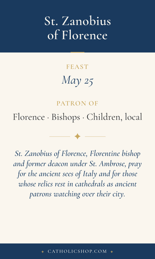 Saint Zanobius of Florence holy card  with feast day, patronage, and prayer