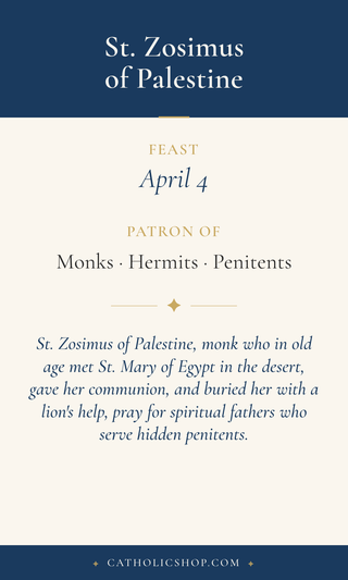 Saint Zosimus of Palestine holy card  with feast day, patronage, and prayer