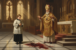 a 19th century painting of an altar server boy, 8 years old, at a Catholic mass standing beside an elderly Catholic bishop - The boy is looking down in shock at a shattered wine cruet on the floor near his feet, with red wine having spilled onto the floor from it.
