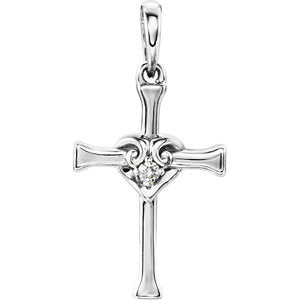 14K White .025 CT Diamond Cross with Heart Pendant