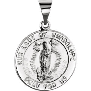 14K White 18 MM Round Hollow Our Lady of Guadalupe Medal