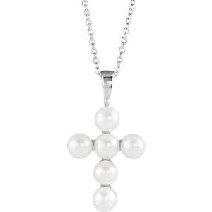 14K White Freshwater Cultured Pearl Cross 16-18" Necklace