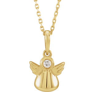 14K Gold .03 CT Diamond Youth Angel 15" Necklace
