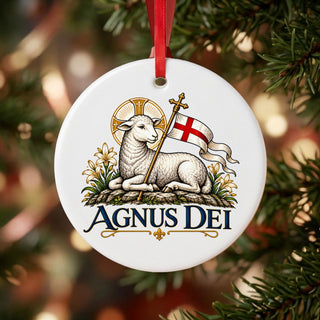 Agnus Dei Lamb of God Ceramic Ornament hanging on a Christmas tree