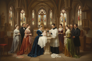 an old world painting of a baby being baptized in a Catholic Church in the 19th century. The details of the baptism, baby, priest, onlookers, and church must be historically accurate.