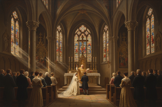an old world painting showing a traditional Catholic wedding in an old Church