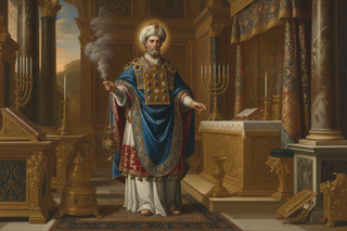 ancient religious art depicting high priest aaron in the temple in the holy land with his traditional ancient Jewish temple clothing