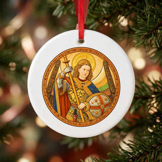 St. Michael the Archangel Icon Ceramic Ornament hanging on a Christmas tree