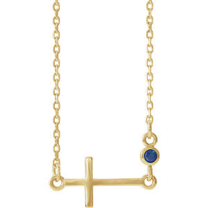14K Gold Blue Sapphire Sideways Accented Cross 16-18" Necklace