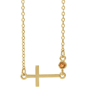 14K Gold Citrine Sideways Accented Cross 16-18" Necklace
