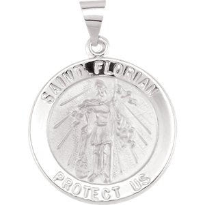 14K White 22 MM Round Hollow Saint Florian Medal