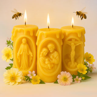 Catholic Beeswax Candle Set | Virgin Mary, Holy Family & Crucifix | Handcrafted Devotional Gifts