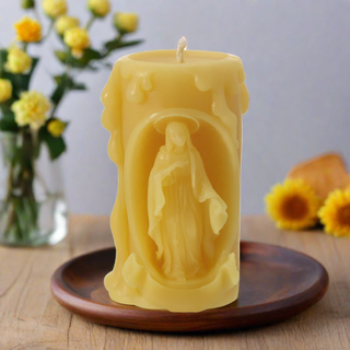 Catholic Beeswax Candle Set | Virgin Mary, Holy Family & Crucifix | Handcrafted Devotional Gifts