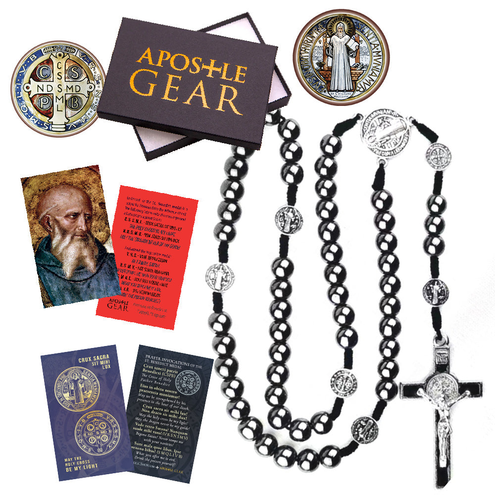 Saint Benedict Pocket Rosary - Hematite Beads & Metal Pendant, 16" Cord - Catholic