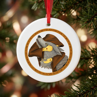 Wolf in Friar's Habit Ceramic Ornament hanging on a Christmas tree