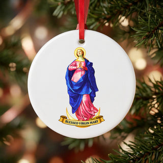 Blessed Virgin Mary Ceramic Ornament hanging on a Christmas tree
