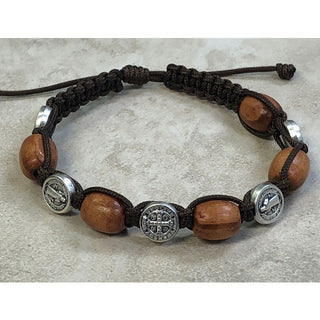 4-pack - Light Brown Wood with Saint Benedict Medals Slip Knot Bracelet