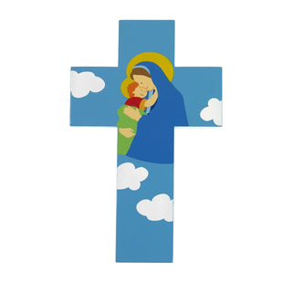 4-pack - 8 inch Wood Cross- Mary with Jesus- Blue